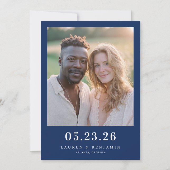 Warm Navy Minimalist Photo Save The Date (Front)