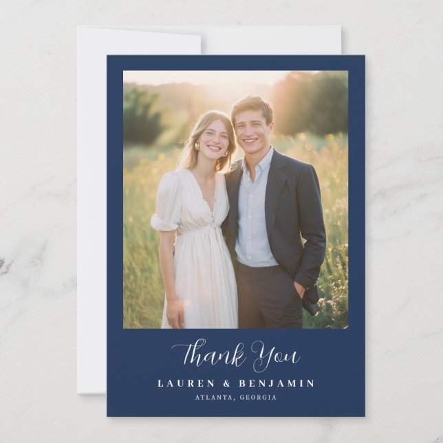 Warm Navy Minimalist Photo Thank You Card (Front)