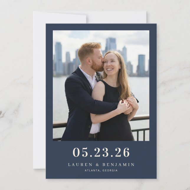 Warm Navy Romantic Photo Save The Date (Front)
