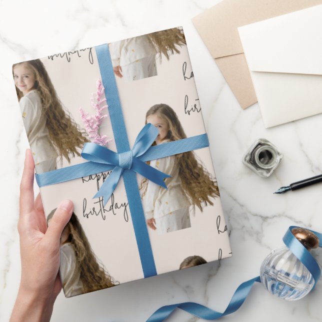 Warm Neutral & Custom Birthday text and photo - Wrapping Paper (Gifting)