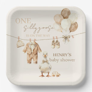Warm Neutral Goose Baby Boy Shower Paper Plates