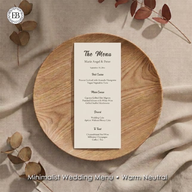 Warm Neutral Monogram Wedding Reception Menu (Elevate your reception tables with our elegant Minimalist Warm Neutral Wedding Menu.)