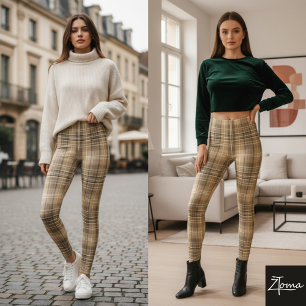 Warm Neutral Tan Plaid Tartan Pattern Leggings