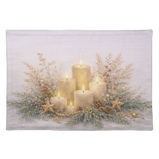 Warm Neutral Watercolor Christmas Candle Botanical Cloth Placemat