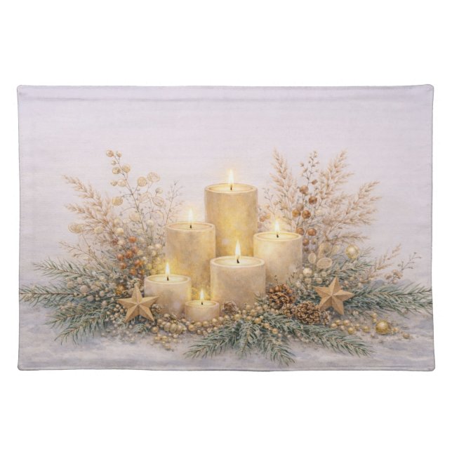 Warm Neutral Watercolor Christmas Candle Botanical Cloth Placemat (Front)