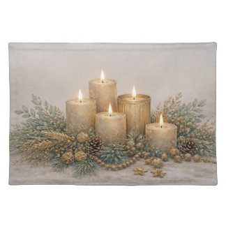 Warm Neutral Watercolor Christmas Candle Evergreen Cloth Placemat
