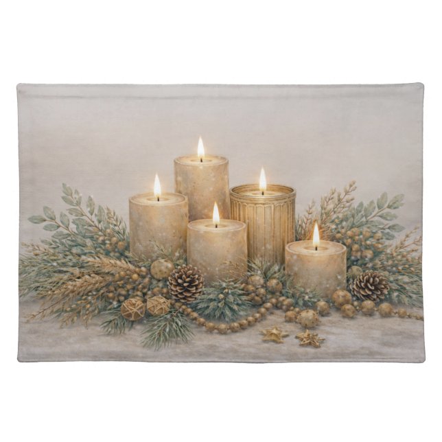 Warm Neutral Watercolor Christmas Candle Evergreen Cloth Placemat (Front)
