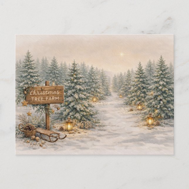 Warm Neutral Watercolor Christmas Tree Farm Winter Holiday Postcard (Front)