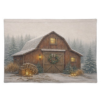 Warm Neutral Watercolor Rustic Christmas Barn  Cloth Placemat