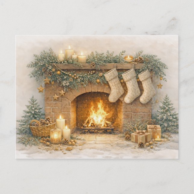 Warm Neutral Watercolor Rustic Christmas Fireplace Holiday Postcard (Front)