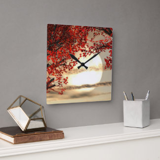 Warm night under the red tree - Digital Art Square Wall Clock