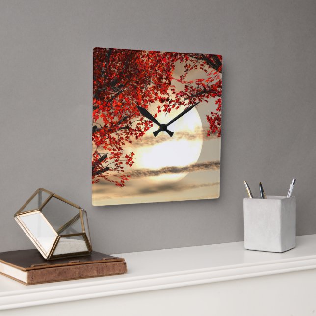 Warm night under the red tree - Digital Art Square Wall Clock (Office)