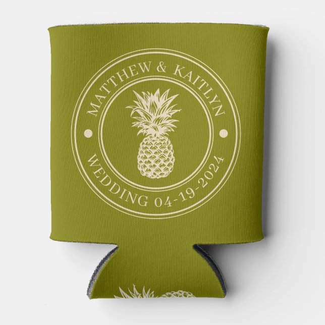 Warm Olive Pineapple Wedding Crest & Name Can Cooler (Front)