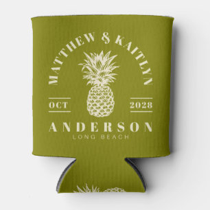 Warm Olive Tropical Pineapple Wedding Crest Can Cooler