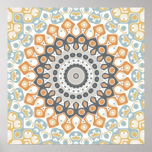 Warm Orange and Gray Geometric Mandala Pattern Poster (Front)