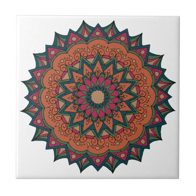 Warm Orange and Red Mandala Ceramic Tile (Front)
