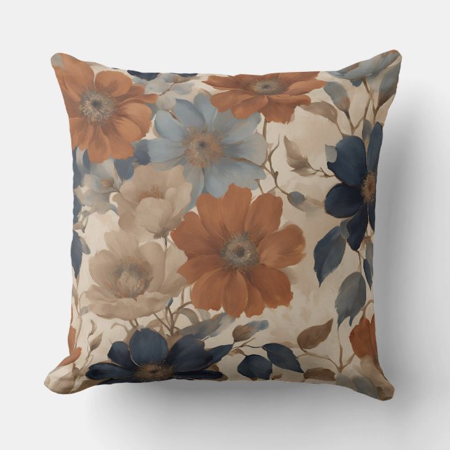 Warm Orange Beige Navy Blue Fall Floral Throw Pillow (Front)