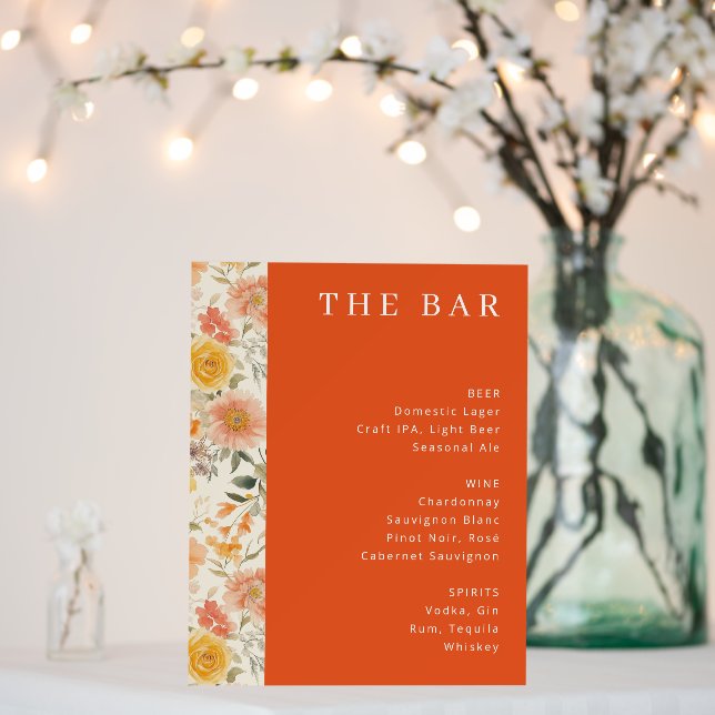 Warm Orange Floral Beverage Menu Foam Board (In Situ (Wedding))
