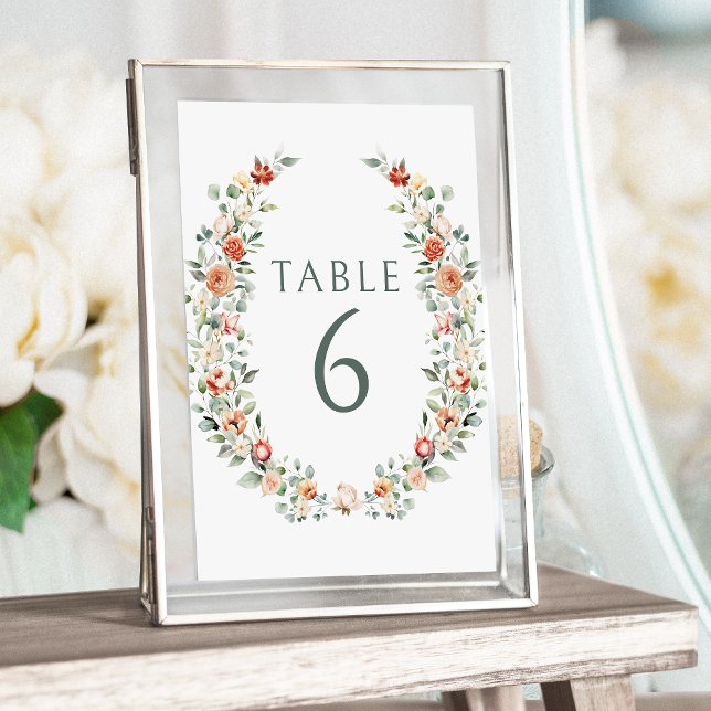Warm orange floral wreath wedding table numbers (Creator Uploaded)