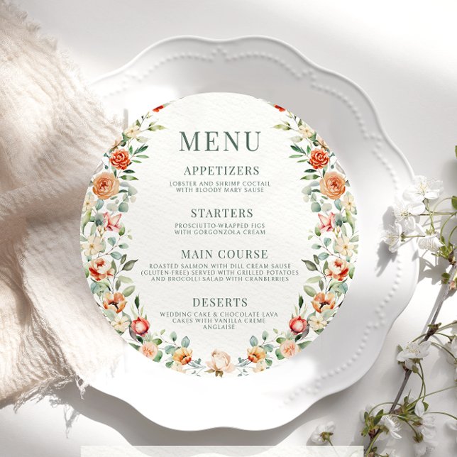 Warm orange flower boho round Menu Card For Plate (Creator Uploaded)
