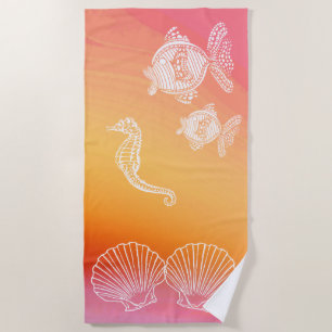 Warm Orange & Pink Watercolor and Sea Life Beach Towel
