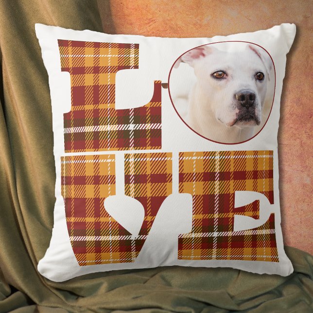 Warm Orange Red Brown Plaid Love Saying Photo  Throw Pillow (Orange Red Brown Plaid Love Saying Photo Pillow with Pet or Family Member Photo)