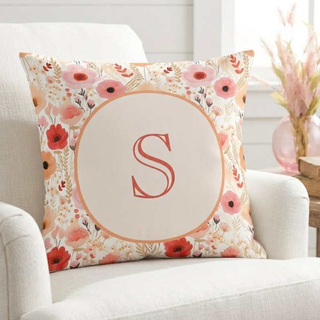 Warm Peach and Coral Poppy Floral Initial Monogram Throw Pillow (Monogrammed poppy throw pillow for a granddaughter's new college dorm bedding.)