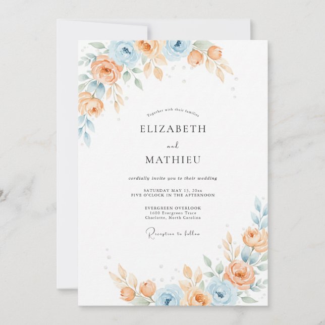 Warm Peach Azure Petal Wedding Invitation (Front)