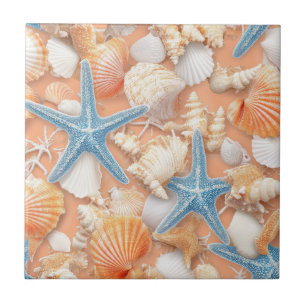 Warm Peach Beach Shells Starfish Summer Ceramic Tile