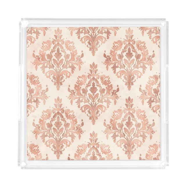 Warm Peach Damask Watercolor Ornamental Pattern Acrylic Tray (Front)