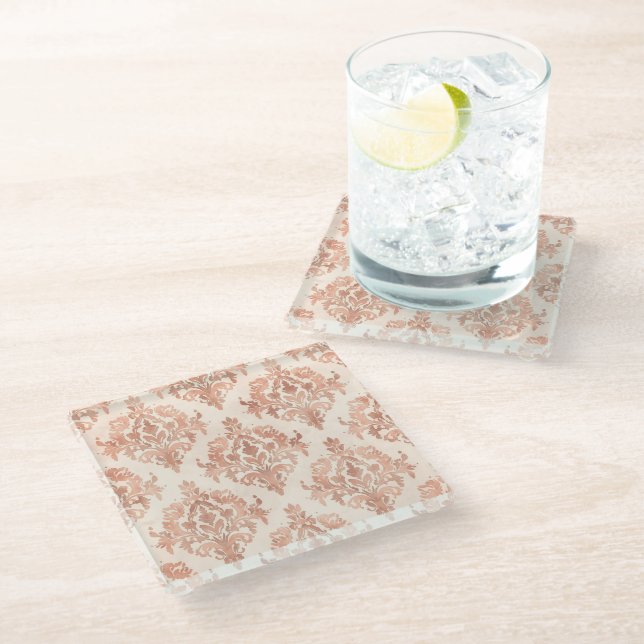 Warm Peach Damask Watercolor Ornamental Pattern Glass Coaster (Angled)