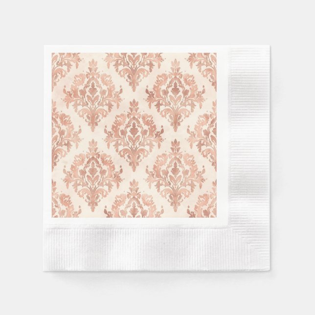 Warm Peach Damask Watercolor Ornamental Pattern Napkins (Front)
