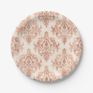 Warm Peach Damask Watercolor Ornamental Pattern Paper Plates
