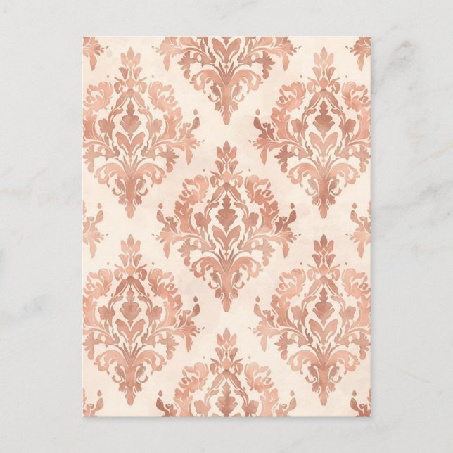 Warm Peach Damask Watercolor Ornamental Pattern Postcard (Front)