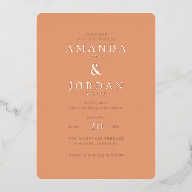 Warm Peach Minimalist Wedding Invitation Foil Invitation (Front)