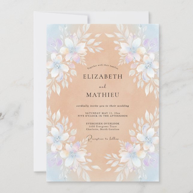 Warm Peach Periwinkle Wreath Wedding Invitation (Front)
