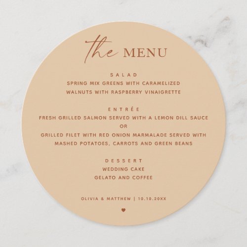 Warm Peach Sand Minimalist Wedding | Round Dinner Menu