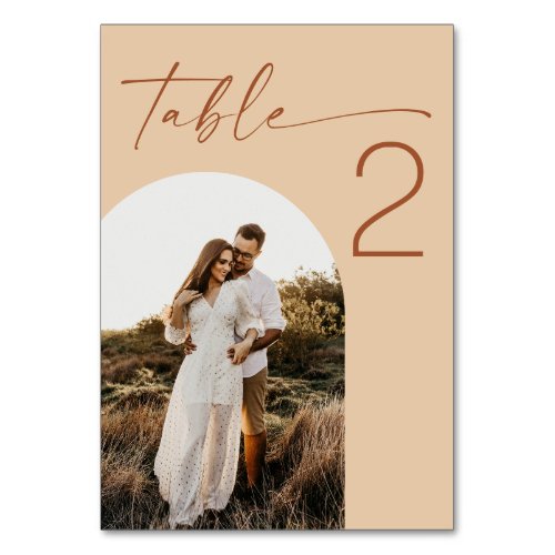Warm Peach Sand Modern Arched Photo Wedding Table Number