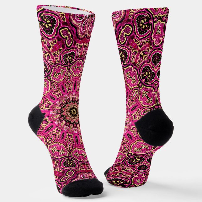 Warm Pink Mandala Geometric Design Socks (Angled)
