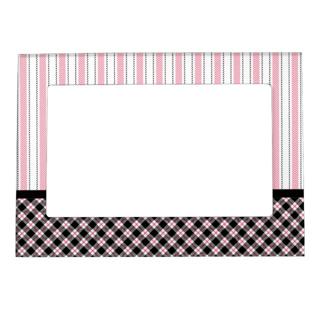 Warm Pink Stripes, Pink & Black Buffalo Plaid Magnetic Frame (Front)