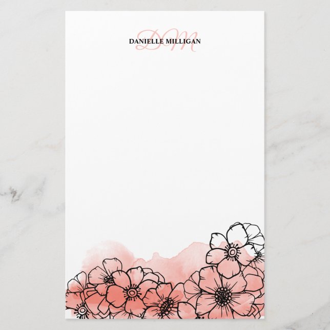 Warm Pink Watercolor Floral Line Art Name Monogram Stationery (Front)
