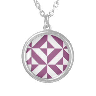 Warm Purple Geometric Deco Cube Silver Plated Necklace