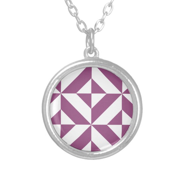 Warm Purple Geometric Deco Cube Silver Plated Necklace (Front)