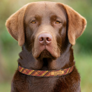 Warm Red And Orange Autumn Plaid Pattern With Name Pet Collar