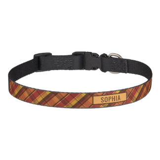 Warm Red And Orange Autumn Plaid Pattern With Name Pet Collar