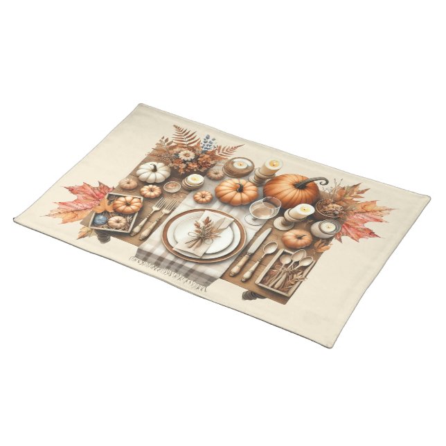 Warm Red and Orange Farmhouse Thanksgiving Cloth Placemat (On Table)