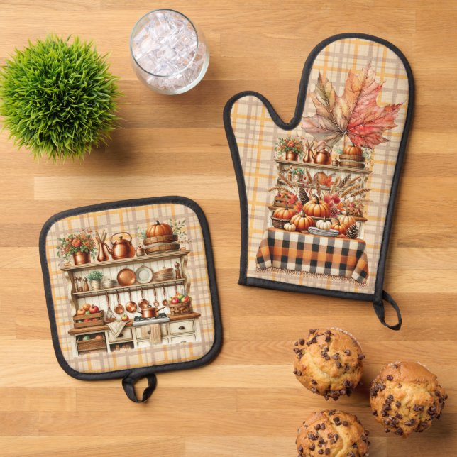 Warm Red and Orange Farmhouse Thanksgiving Oven Mitt & Pot Holder Set (Top Down)