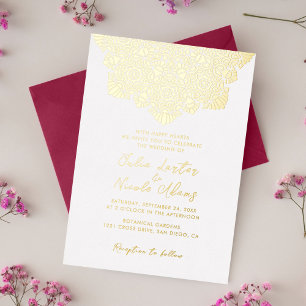Warm Red Blue Crescent Mandala Wedding Foil Invitation