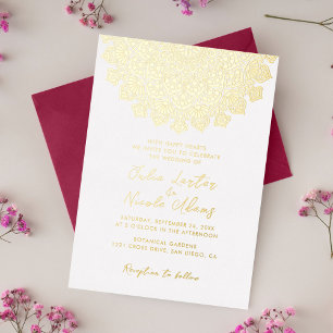 Warm Red Blue Crescent Mandala Wedding Foil Invitation