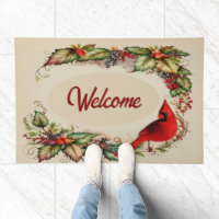 Warm Red Cardinal and Wreath, Fall Holiday Welcome